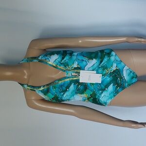 Women's push‎ up swimsuit v-neck open Back Blackless Green wrap tie Back size S